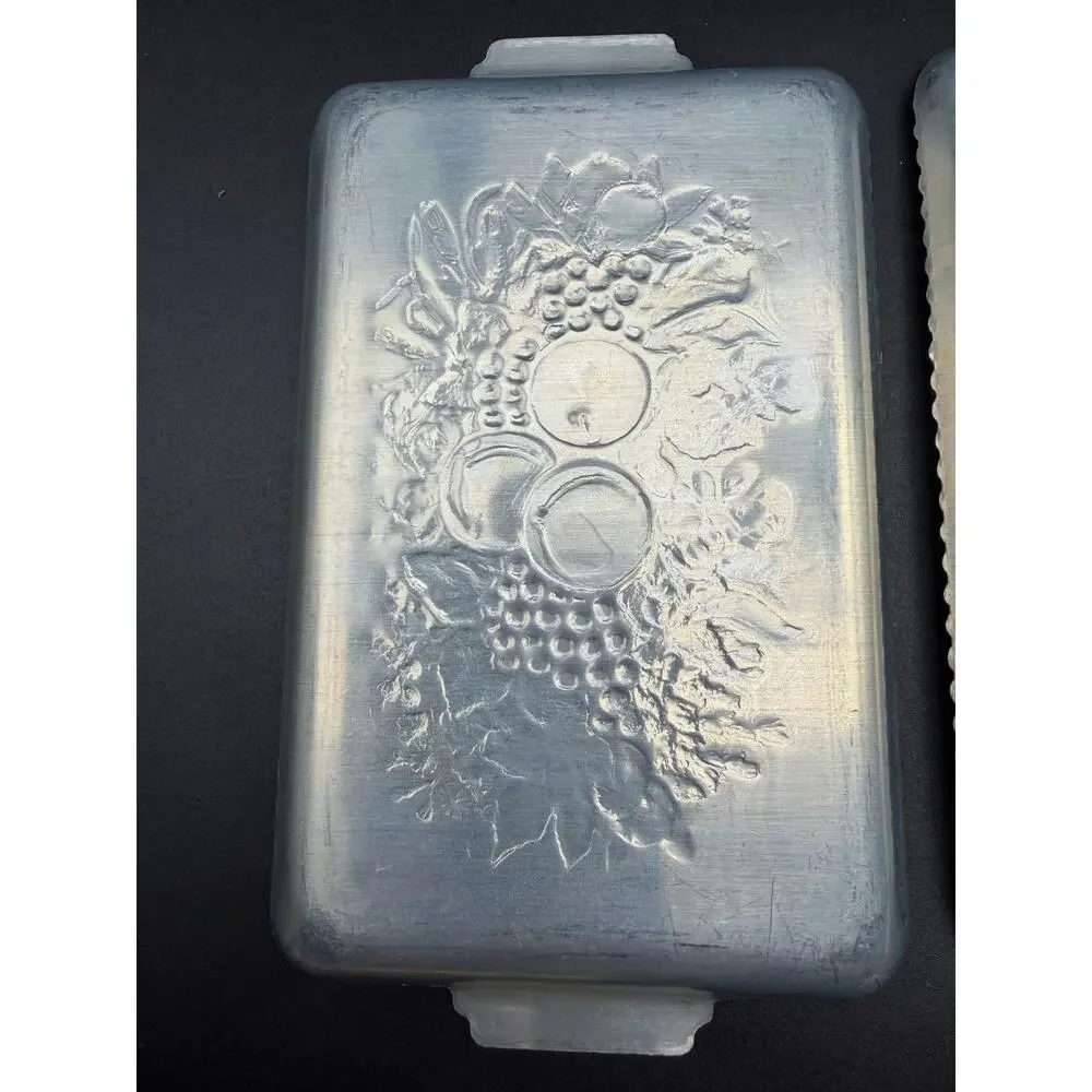 Vintage Aluminum Snack Trays Fruit Design 4x7 Set of 4 Embossed Mid Century